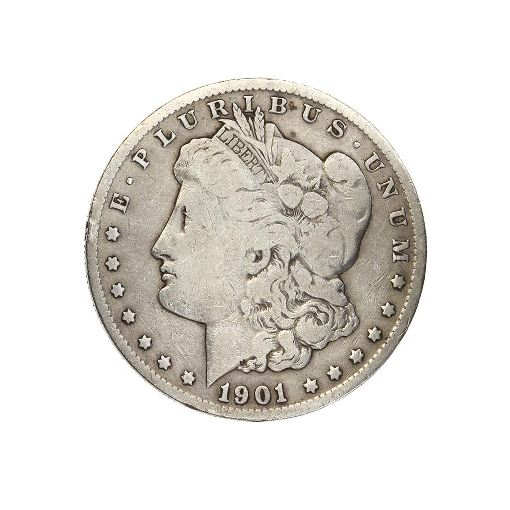 1901 O Morgan Silver Dollar: Coin Type: Morgan Silver Dollar Year: 1901 Mint: New Orleans Mintage: 13,320,000 Metal Content: .900 Silver, .100 Copper Weight: Approx. 26.73 grams Diameter: Approx. 38.1 mm Designer: George T. Morga
