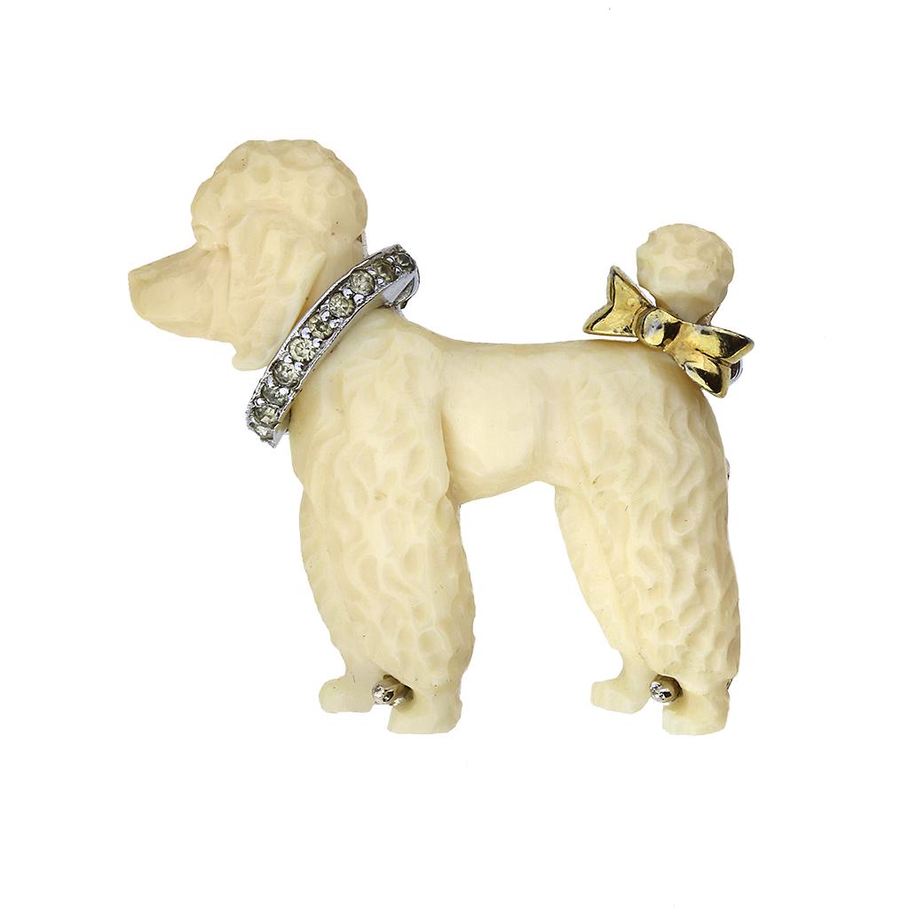JOMAZ Hand Carved LUCITE Poodle Pin w/ Rhinestone: Pendant/Pin Dimensions: 1 1/2 x 1 3/8" Color Gemstone Shape/Cut: Round Hallmarks: JOMAZ Note: Missing pin Condition: Very Good: Very little wear to metal or gemstones including minute chips and abra