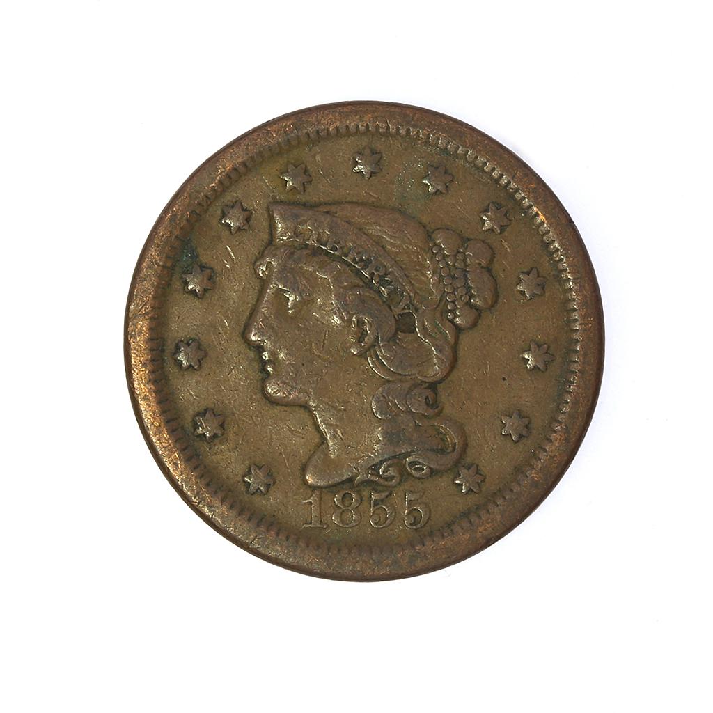 1855 Braided Hair Cent Upright 55: Coin Type: Braided Hair Cent Note: Upright 55 Denomination: 1 Cent Year: 1855 Mint: Philadelphia Mintage: 1,574,829 Metal Content: Copper Weight: Approx. 10.89 grams Diameter: Approx. 27.50 mm