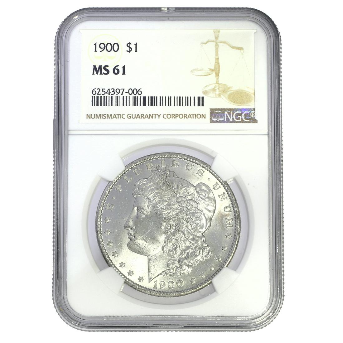 NGC Graded MS 61 1900 Morgan Silver Dollar: Note: NGC Graded and Slabbed Grade: MS 61 Coin Type: Morgan Silver Dollar Year: 1900 Mint: Philadelphia Mintage: 8,830,000 Metal Content: .900 Silver, .100 Copper Weight: Approx. 26.73 grams Diamete