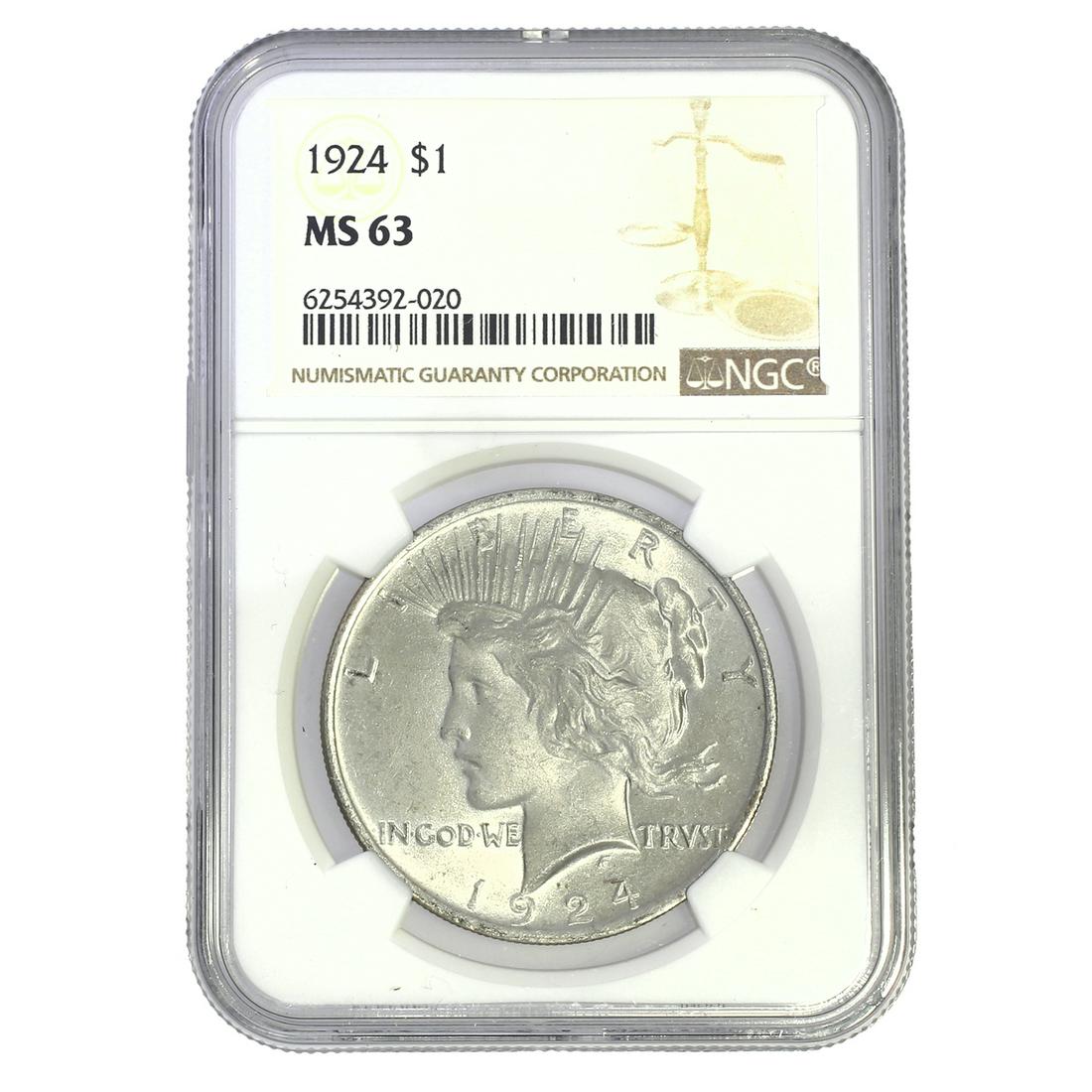 NGC Graded MS 63 1924 Peace Silver Dollar (1 of 2)