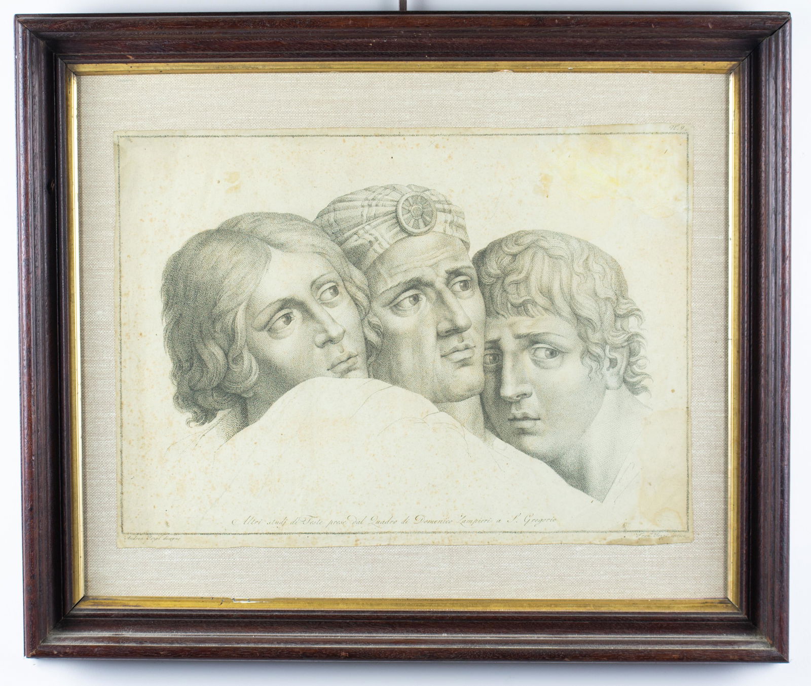 Pozzi, Stone Engraving: Stone engraving by Andreas Pozzi,and Fran Pozzi (1642-1709), 17th Cent, 17.5 x 12.5 Study of three gentlemen's heads. In fair condition having foxing, spotting and a few stains to the engraving. 9.75