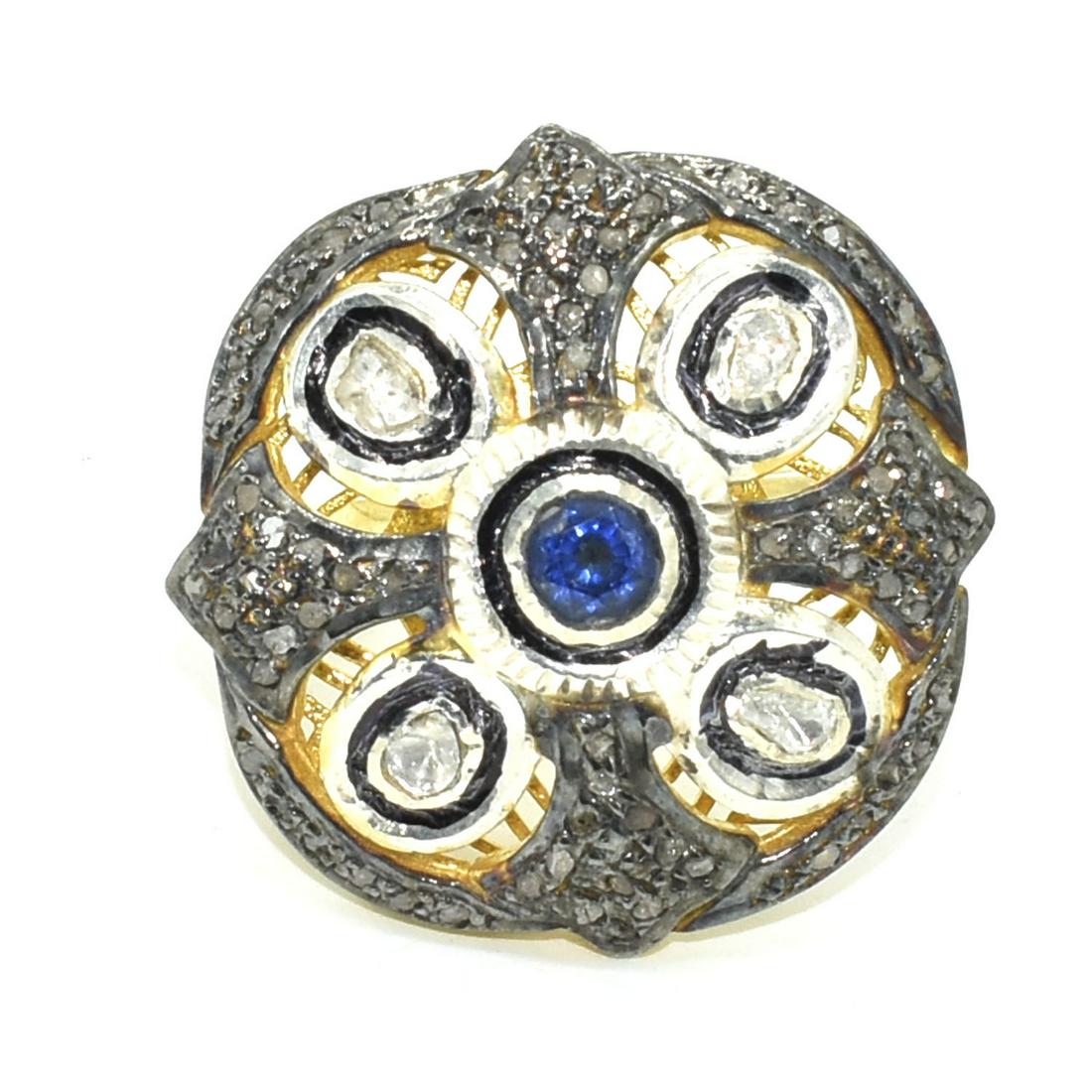 S/Sil Diamond Polki(1.05ct) Blue Sapphire Ring (1 of 3)
