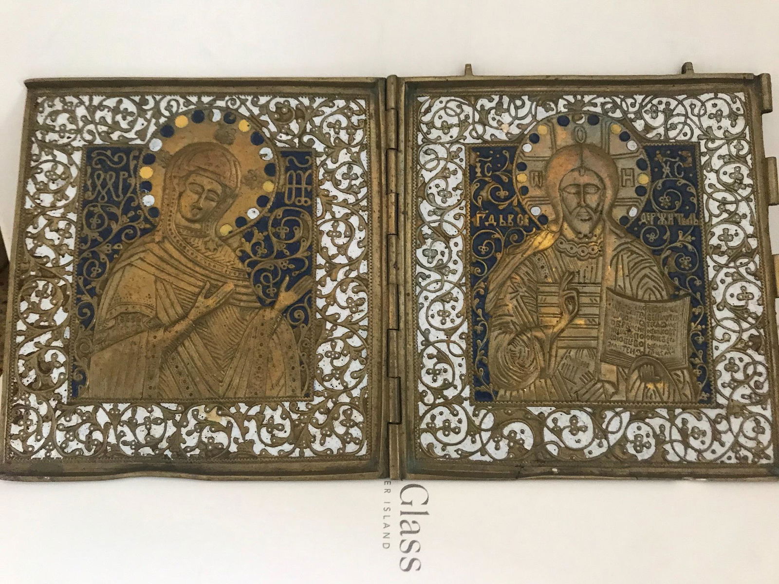 Pair of Antique Russian Bronze Enamel Icons: Pair of antique russian bronze icons with polychrome enamel, 19 th century.