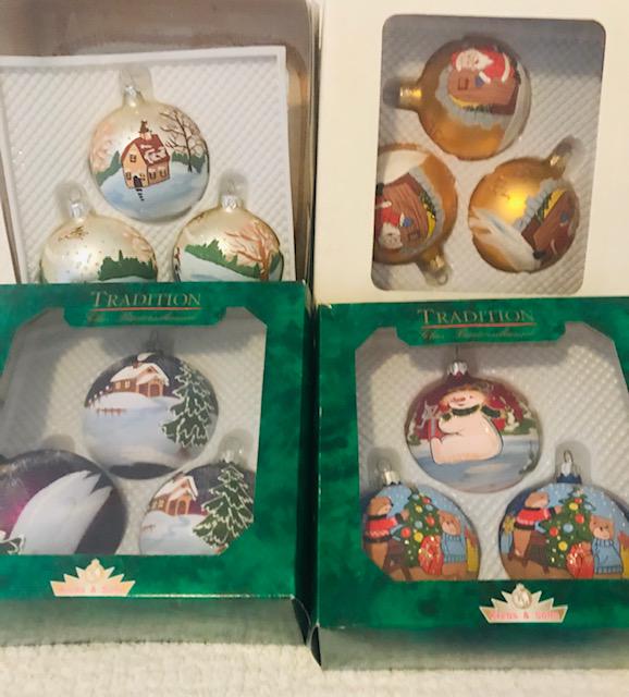 12 pcs 3'' Vintage Handpainted Chritmas Ornaments Balls: European 20 th century Mercury Glass handpainted Ornaments in boxes.