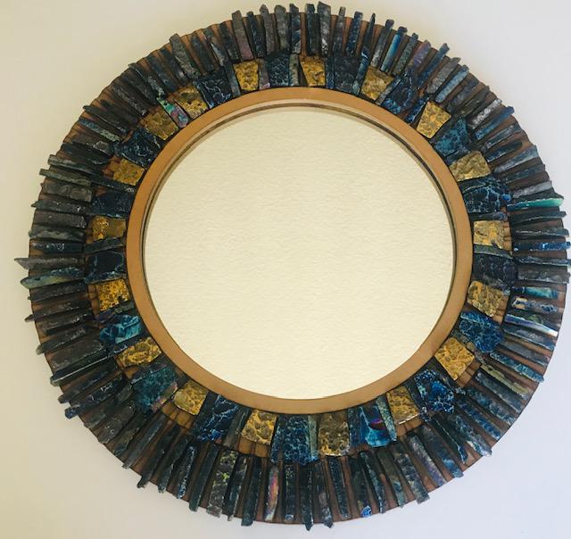 Multistone Sunburst Mirror Line Vautrin style: Large agate stone in gold and peacock blue, sunburst mirror in line Vautrin style