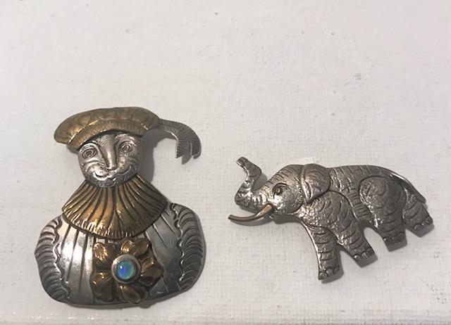 2 pcs American Silver Opal Brooches: Unique handmade in silver and brassbrooches, with opal,animalistic, one is signed