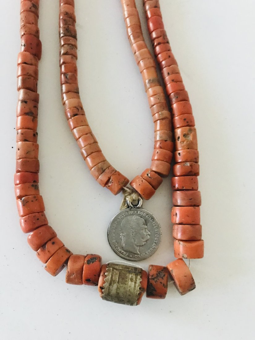 Antique Ukrainian Mediterranean Coral Necklace w Silver Coin Pendant 128 gr (1 of 3)