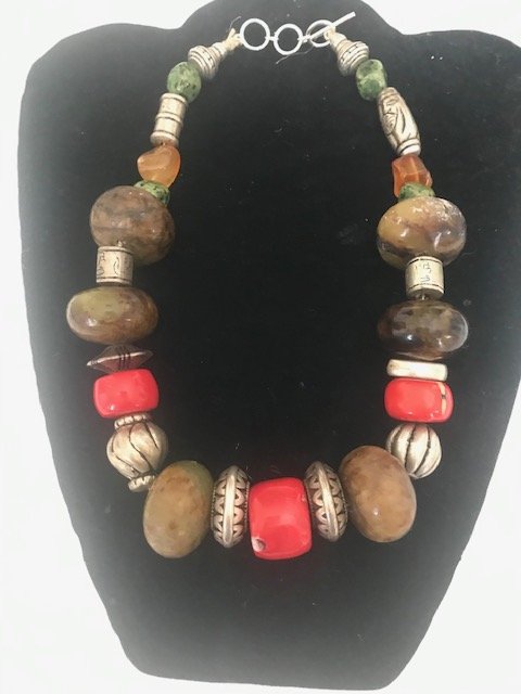 Vintage Tibetan Coral Jade Necklace: 1''Large rusted jade beads and coral beads Tibetan necklace