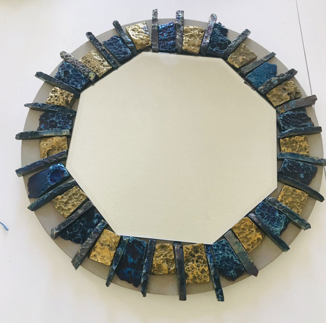 Sunburst mirror tasselated in gold blue agate Vautrin Style: Sunburst wall mirror tasselated with agate stone I. Gold and peacock blue in the style of Line Vautrin.