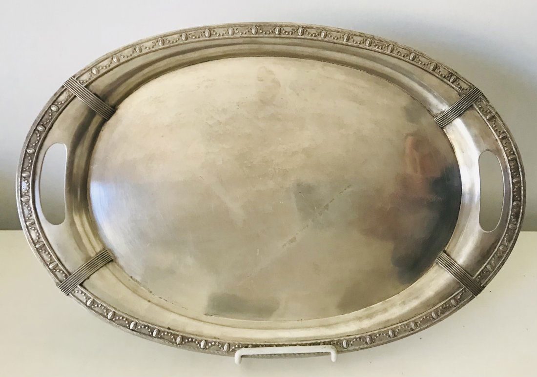 Art Nouveau Austrian Silver Oval Tray 2 lbs 3 3/4 o: Austrian silver Art Nouveau tray with garland decor and incised handles.2 lbs 3 3/4 oz