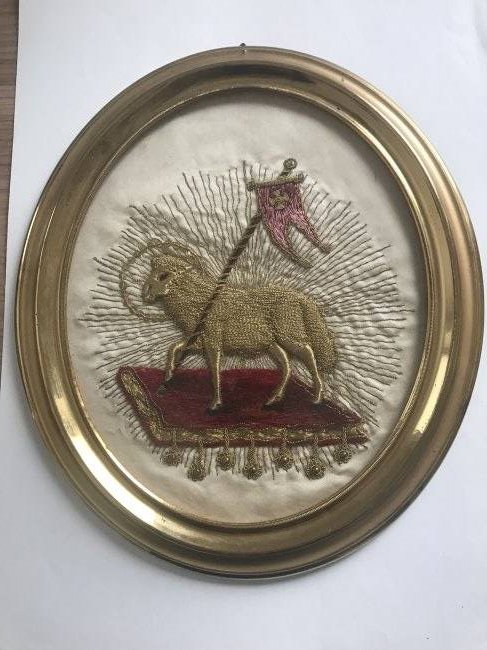 Early 19 th c Monastery Gold Thread Embroidery Holy Lamb: Early 19 th c religious Monastery gold thread embroidery Holy lamb, in brass frame.