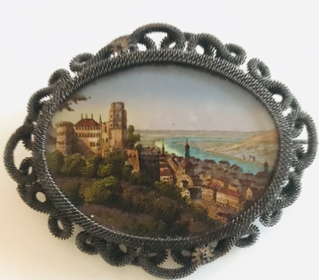 Antique Austrian Miniature Painting Brooch: Miniature townscape painting brooch.