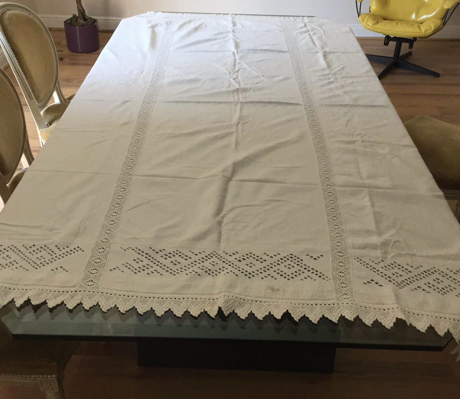 Antique Handspun Linen Tablecloth: Linen tablecloth with crochets inserts, handmade, 19 th c. European.