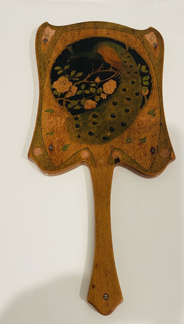 Antique Austrian Art Nouveau Handmirror: Antique Austrian Art Nouveau handmirror with peacock.