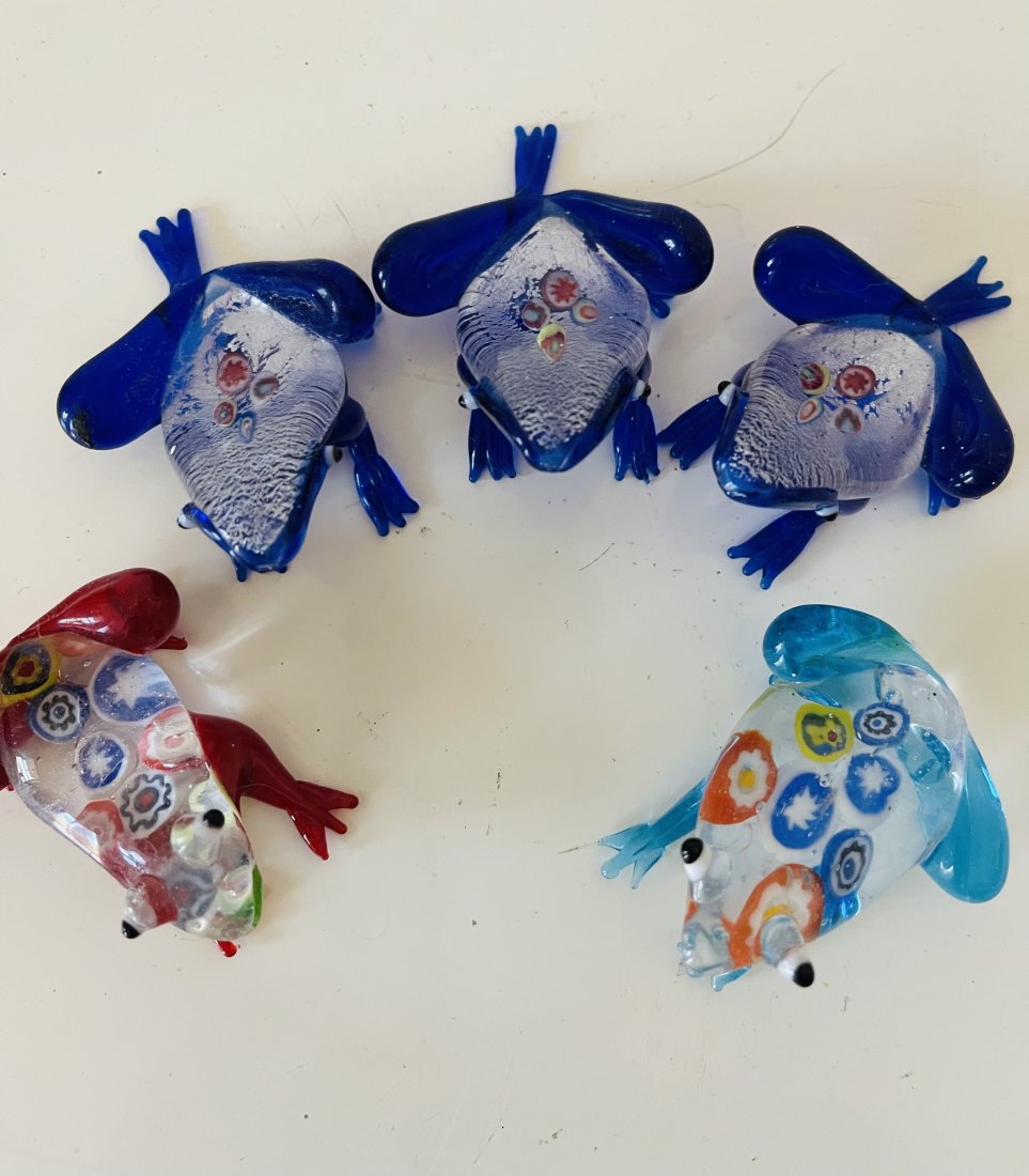 Italian Murano Millefiori Frog Figurines: Italian Murano Millefiori frog figurines.