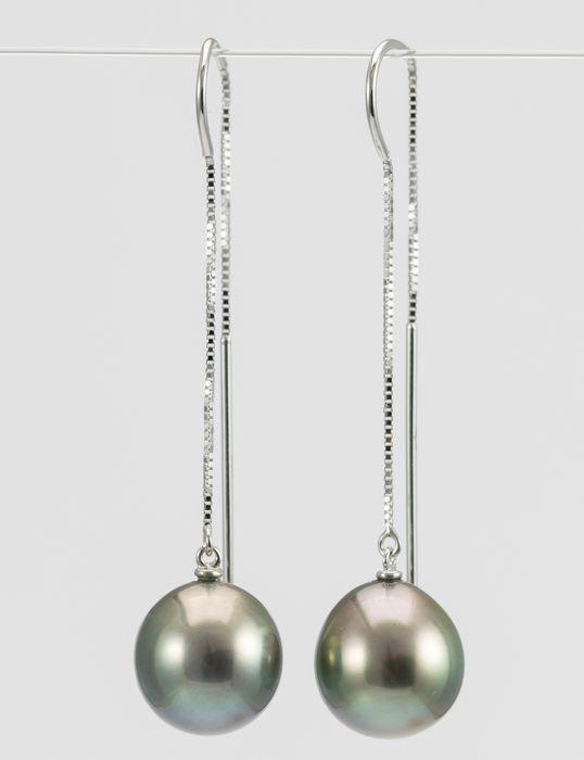 10x11mm Peacock Tahitian Pearl Drops - 14 kt. White: A pair of elegant white gold earrings featuring a beautiful pair of Peacock Tahitian pearls, noted for their remarkable colour and bright lustre This design features a pair of 10x11mm oval Tahitian pe