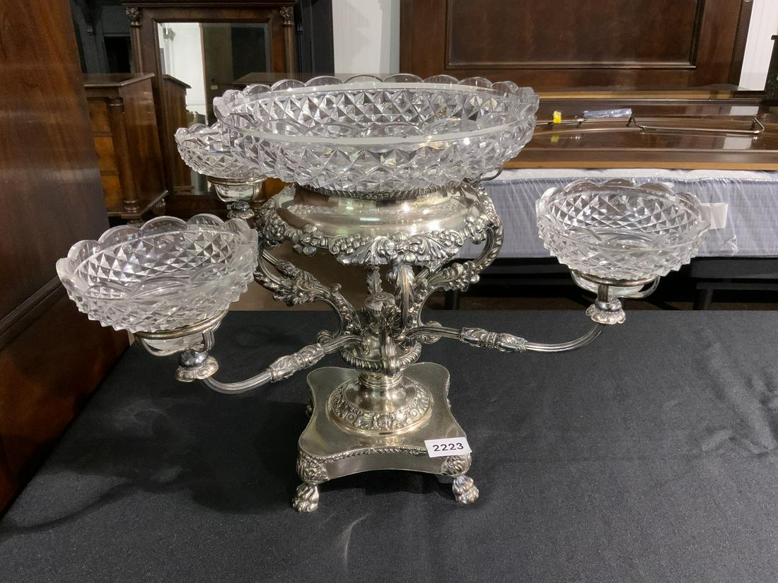 Antique Epergne: Antique Epergne with Pressed Cut Glass Bowls, Missing One Bowl