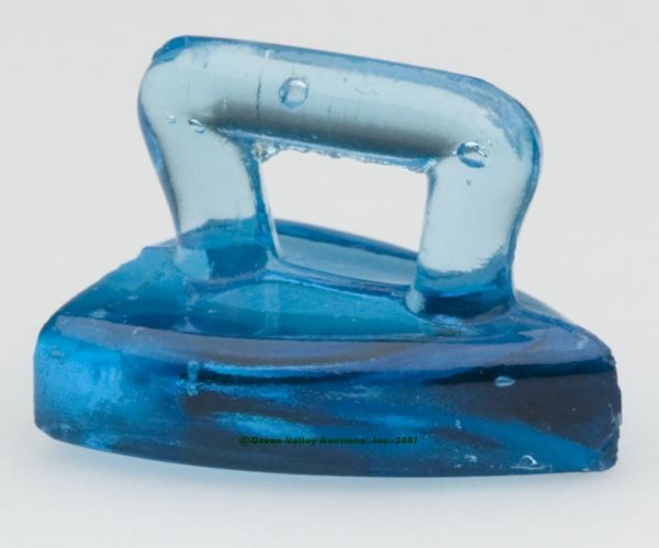 PRESSED TOY FLAT IRON, electric blue factory poli: PRESSED TOY FLAT IRON, electric blue factory polished base and partially polished back. Boston & Sandwich Glass Co. and others. 1850-1870. 1" h, 1 3/8" long Reference: Parallels Barlow & Kaiser, The G