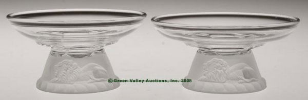 FROSTED LION UNLISTED SHERBETS, LOT OF TWO, colorl: FROSTED LION UNLISTED SHERBETS, LOT OF TWO, colorless, factory manipulated from egg cups. Fourth quarter 19th century. 2 1/4" h, 4 1/4" dia rim, and 2 1/8" h, 4 5/8" dia rim, both with 2 5/8" dia foot