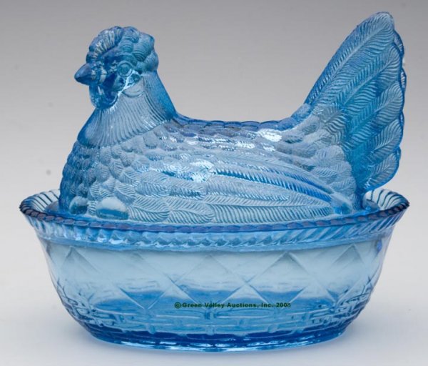 GREENTOWN HEN COVERED DISH, teal blue, on basketwe