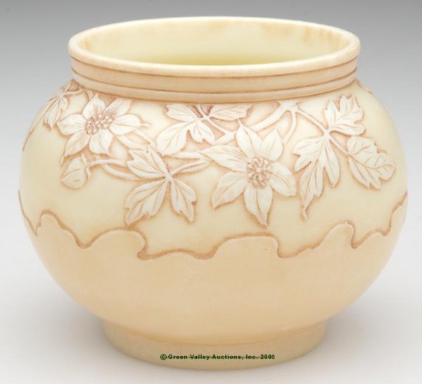 WEBB IVORY CAMEO BOWL, single color with stained: WEBB IVORY CAMEO BOWL, single color with stained highlights, floral and foliage decoration, signed "THOMAS WEBB & SONS" under base. Late 19th/early 20th century. 3" h, 2 7/8" dia. rim