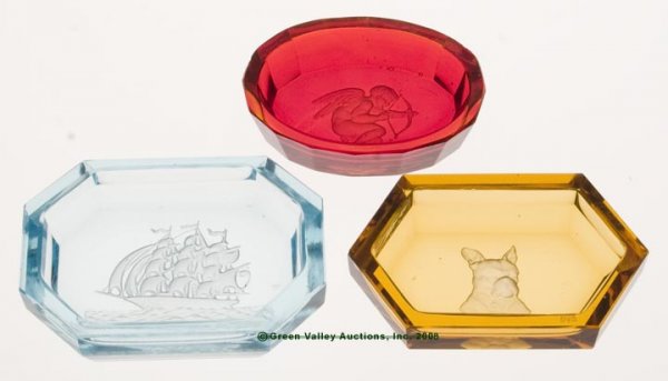 INTAGLIO GLASS OPEN SALTS, LOT OF THREE, deep red