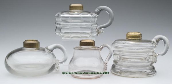 BLOWN-MOLDED FINGER LAMPS, LOT OF FOUR, kerosene p