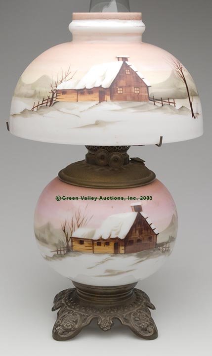 DECORATED OPAL VASE LAMP, kerosene period, base an
