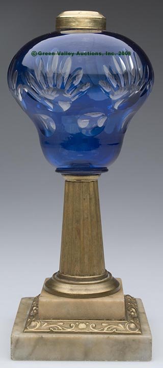 CUT OVERLAY STAND LAMP, kerosene period, cobalt b