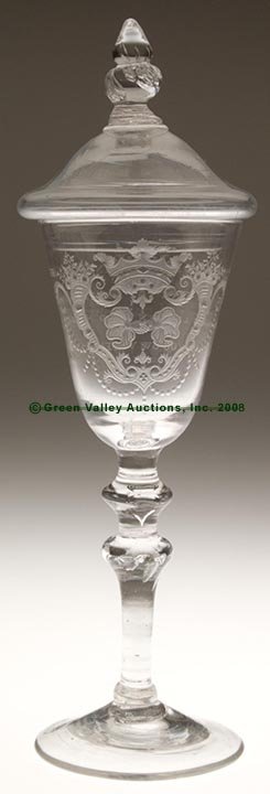 A FINE ENGRAVED LIGHT-BALUSTER WINE GLASS WITH COV