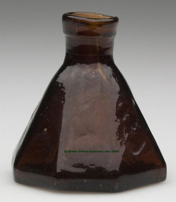 OCTAGONAL UMBRELLA INK BOTTLE, medium amber, too: OCTAGONAL UMBRELLA INK BOTTLE, medium amber, tooled slightly galleried mouth, rough pontil mark. Probably New England. Mid 19th century. 2 3/8" h, 2 3/8" dia base. Provenance: From an old California c