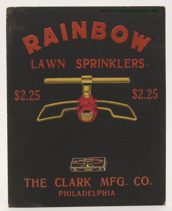 RAINBOW LAWN SPRINKLERS PAPERBOARD SIGN, embosse: RAINBOW LAWN SPRINKLERS PAPERBOARD SIGN, embossed "$2.25" and "THE CLARK MFG. CC. / PHILADELPHIA", applied sprinkler and box images. Size: 14" x 11"