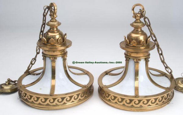 PAIR OF BRONZE STORE / BANK HANGING LIGHT FIXTURE: PAIR OF BRONZE STORE / BANK HANGING LIGHT FIXTURES, each with six original opaque white glass curved upper panels and replaced plastic bottom panel, three sockets to interiors, later hanging chains an