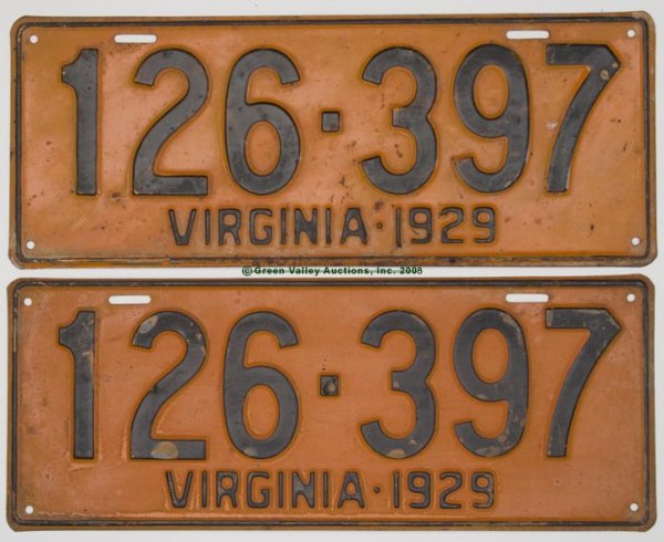 1406: 1929 PAIR OF VIRGINIA LICENSE PLATES, black and o