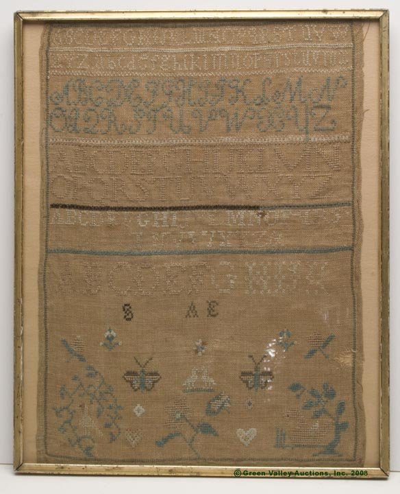 AMERICAN UNSIGNED NEEDLEWORK SAMPLER, nine lines o