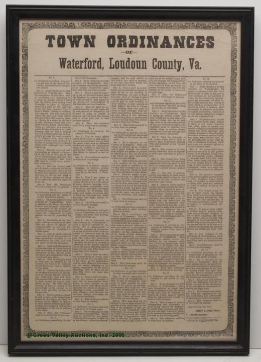 1875 WATERFORD, VA ORDINANCES PRINTED ON FABRIC, t