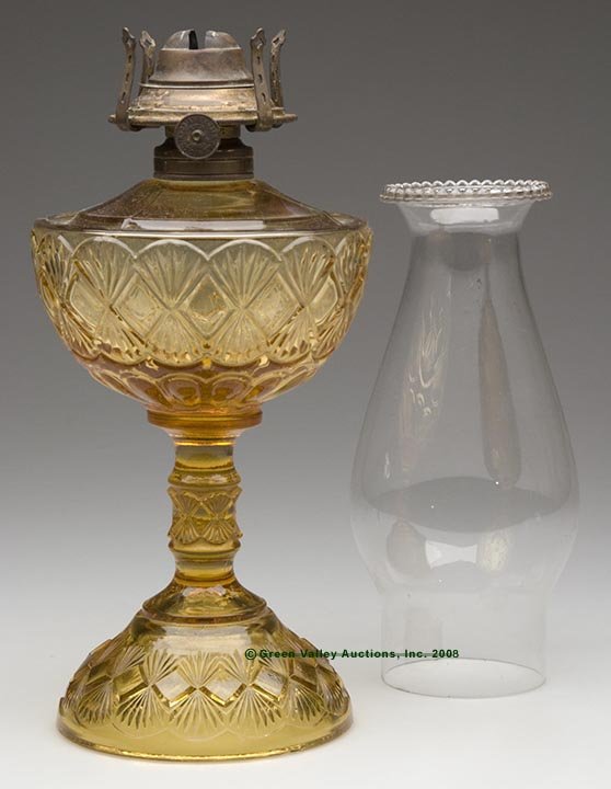 DIAMOND AND FAN STAND LAMP, kerosene period, amber,