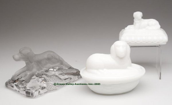 DOG FIGURAL ARTICLES, LOT OF THREE, two opaque whi