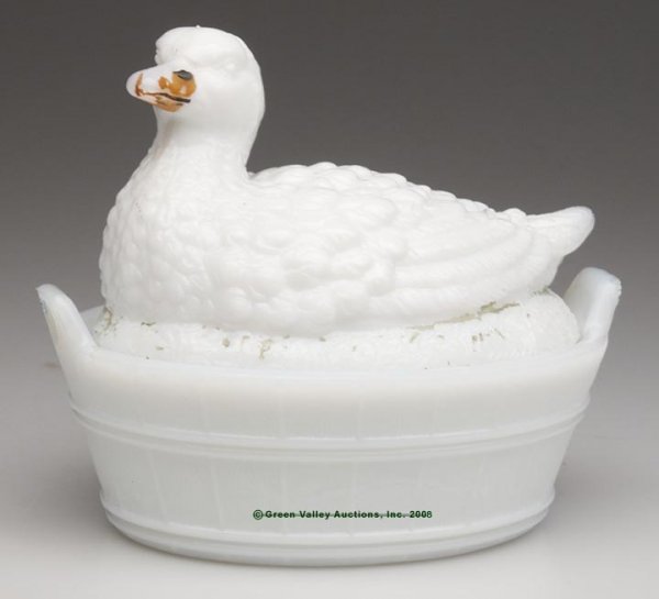 DUCK ON TUB COVERED DISH, opaque white/milk glass