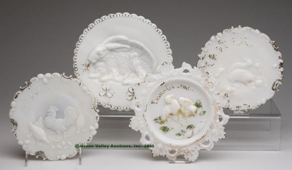 EASTER PLATES, LOT OF FOUR, opaque white/milk glas