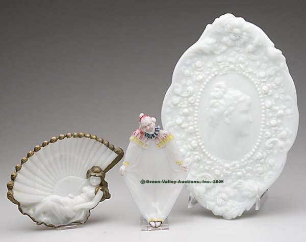 FIGURAL TRAYS, LOT OF THREE, opaque white/milk gla