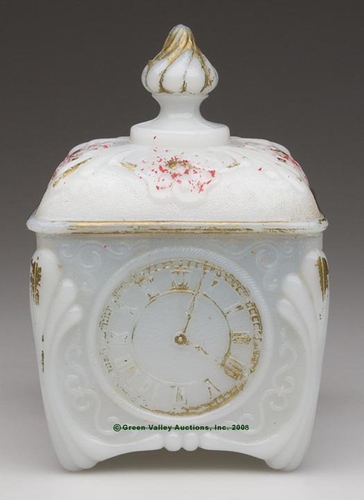 FLOWER AND CLOCK COVERED BOX, opaque white/milk gl