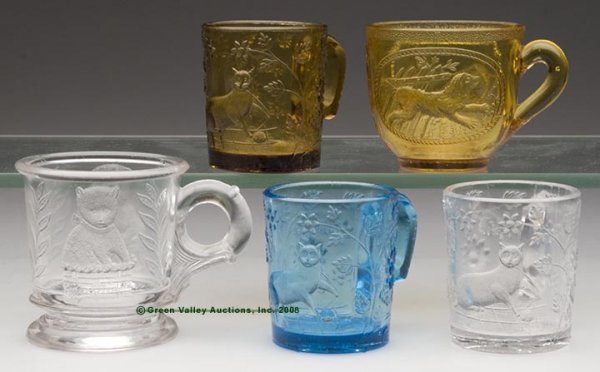 CAT PATTERNS CHILDREN'S MUGS, LOT OF FIVE, amber,