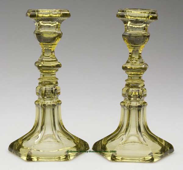 PAIR OF HEXAGONAL CANDLESTICKS, citron green, each