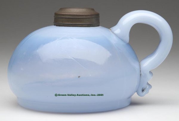 BLOWN-MOLDED HAND LAMP, pale blue opalescent, dome