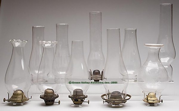 VARIOUS KEROSENE LAMP BURNERS AND CHIMNEYS, LOT OF