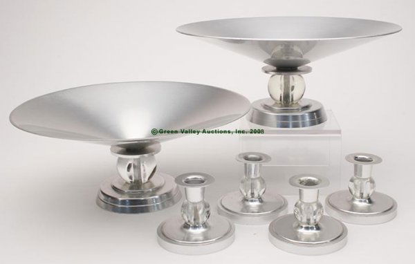 KENSINGTON ART DECO "STRATFORD" ALUMINUM VARIOUS A: KENSINGTON ART DECO "STRATFORD" ALUMINUM VARIOUS ARTICLES, LOT OF SIX, consisting of two bowls designed by Lurelle Guild and four candle holders designed by Samuel C. Brickley, each with trademark on