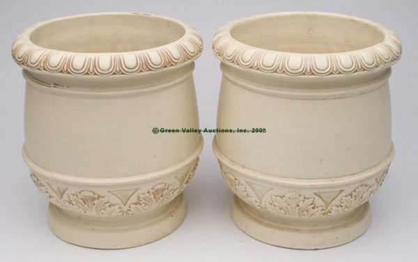 PAIR OF WELLER IVORY GARDEN URNS, unmarked. First 