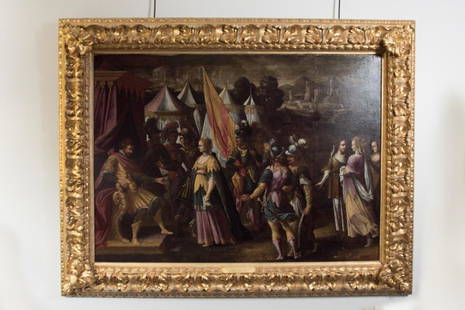 Antoine Caron, 1520-1599, Oil on Canvas: Attributed to Antoine Caron, 1520-1599; "Armida & Eustachio Before Goffredo"; Oil on Canvas; Unsigned and undated; Canvas remounted recently; Visible seams in the canvas, do not detract from the paint